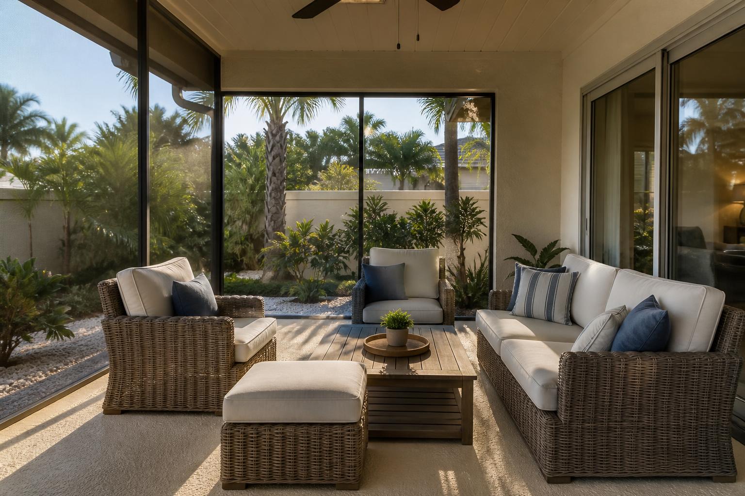 Wicker conversation set on a covered, screened Florida lanai