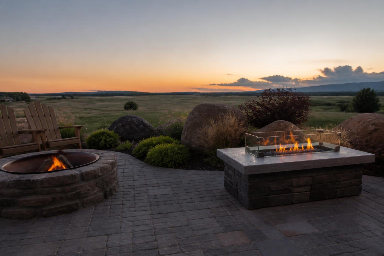 Wood-burning fire pit beside a propane fire pit table on a patio