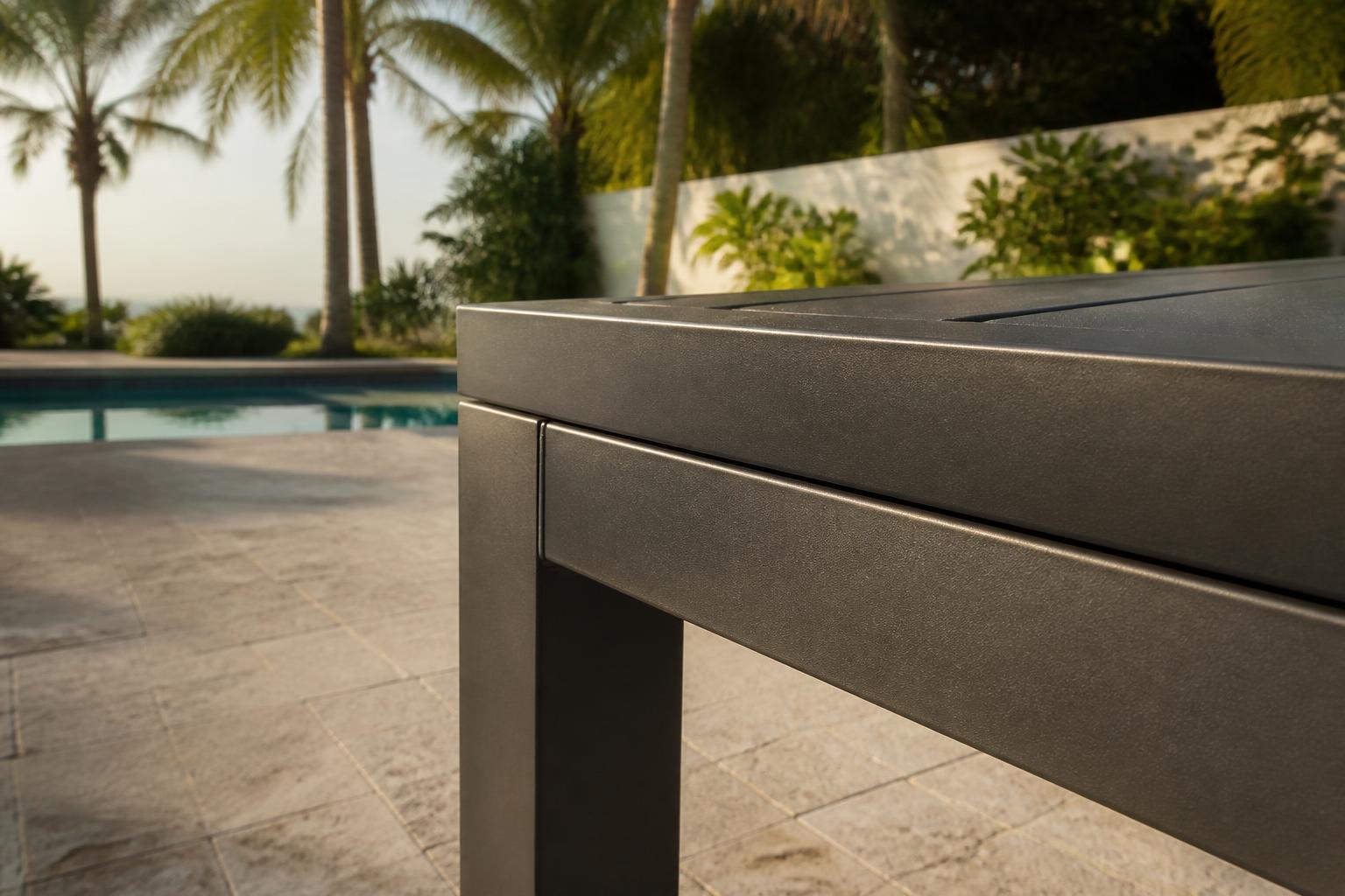 Close-up of a smooth extruded aluminum table leg and apron joint