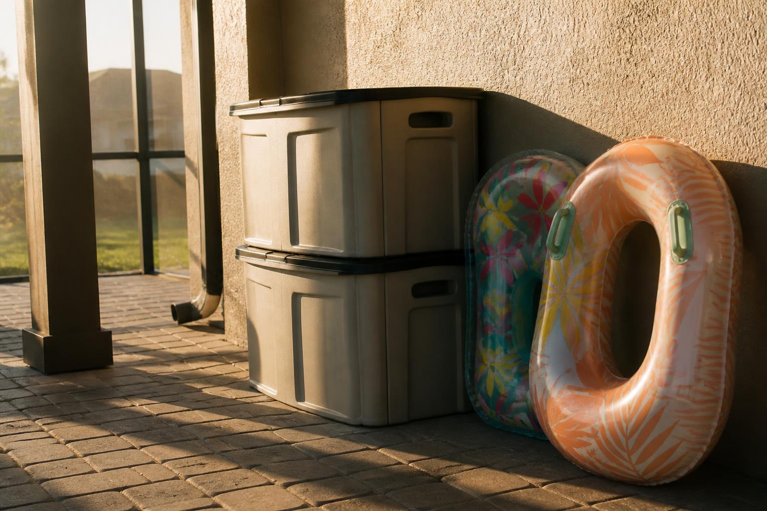 Stacked outdoor storage bins beside a lanai wall with pool floats