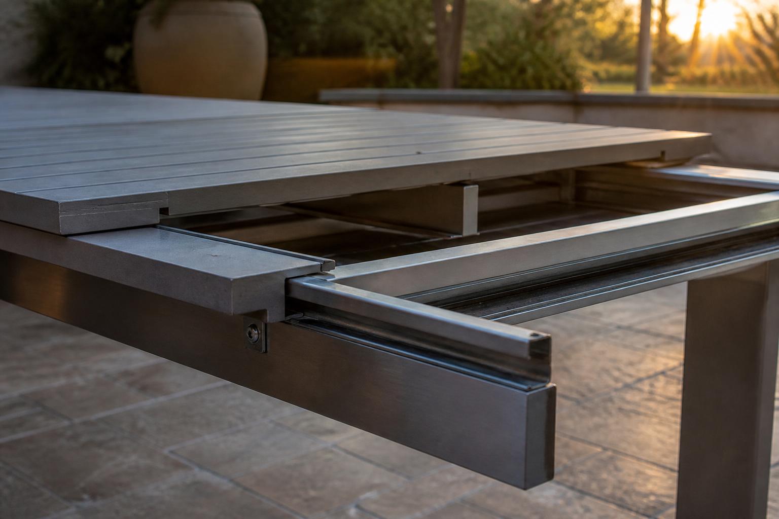 Close-up of an extendable outdoor table's slide rail and leaf mechanism