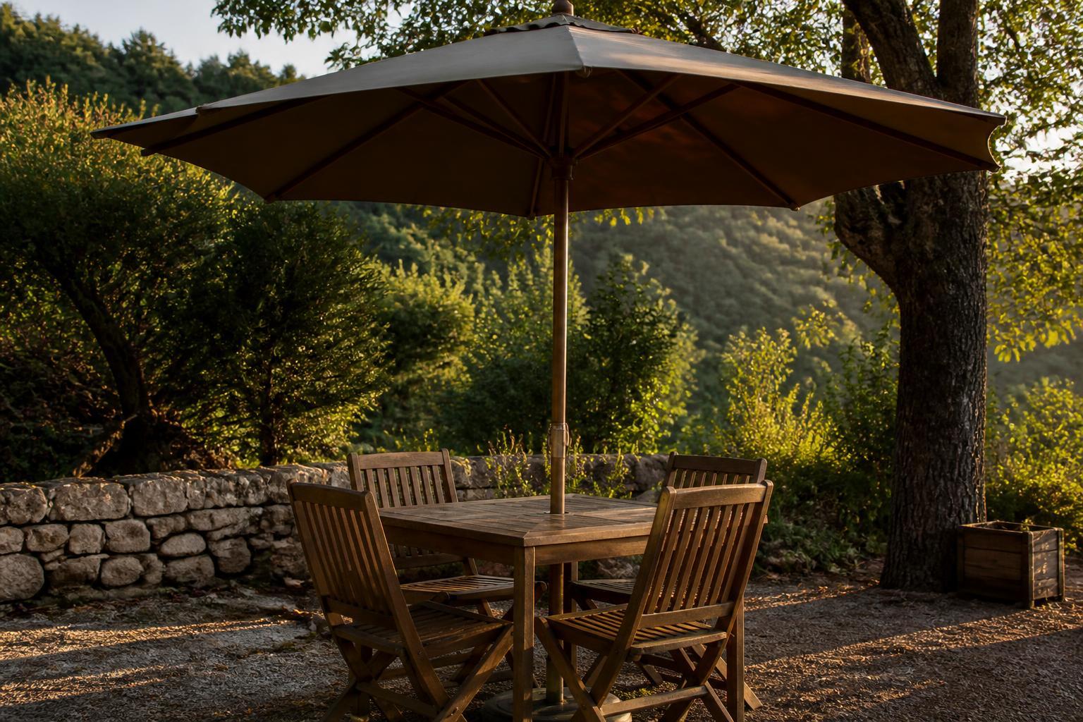 Traditional center-pole market umbrella over a small dining table