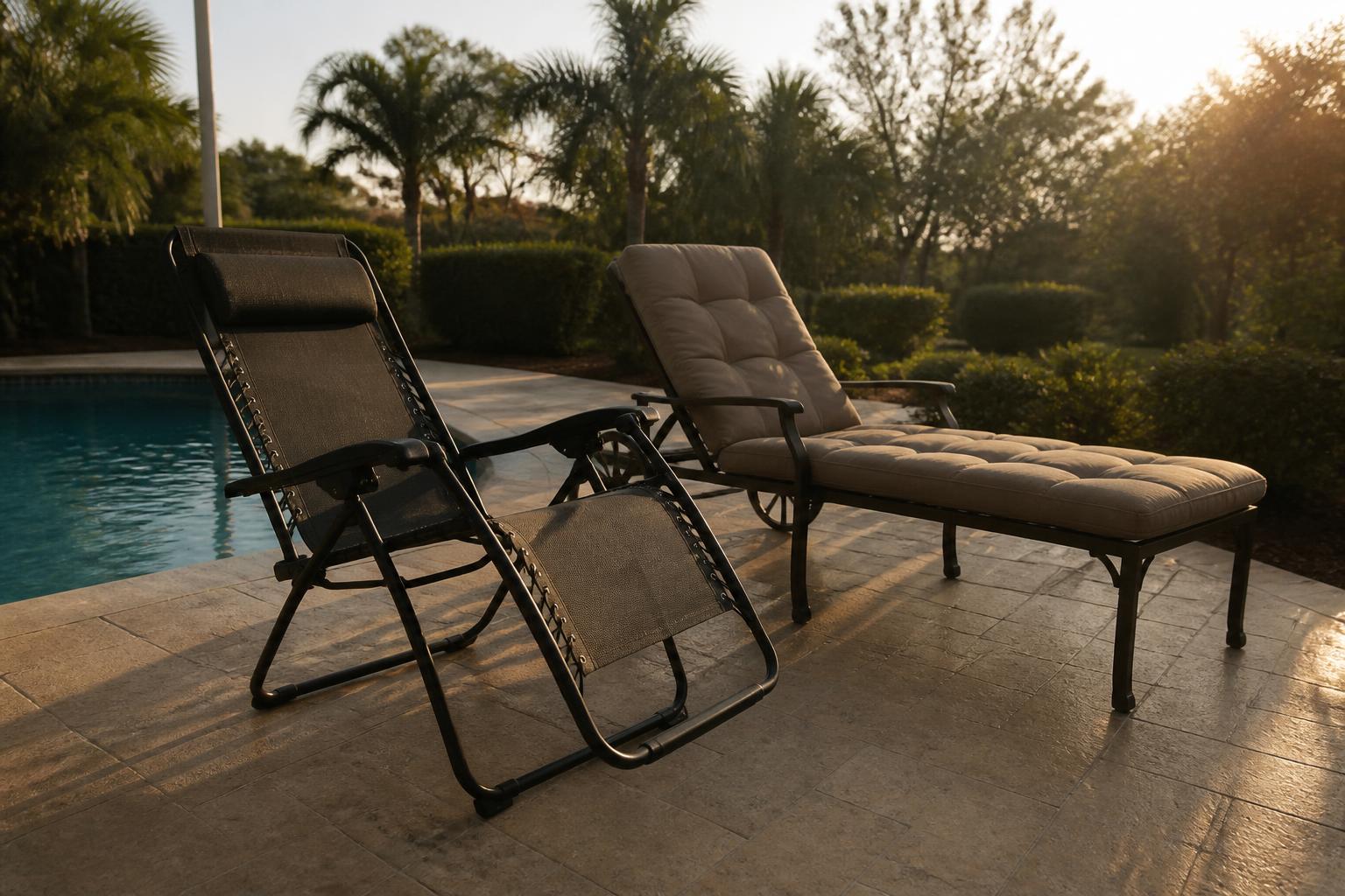 A zero-gravity folding lounge chair beside a padded reclining lounge chair on a pool deck