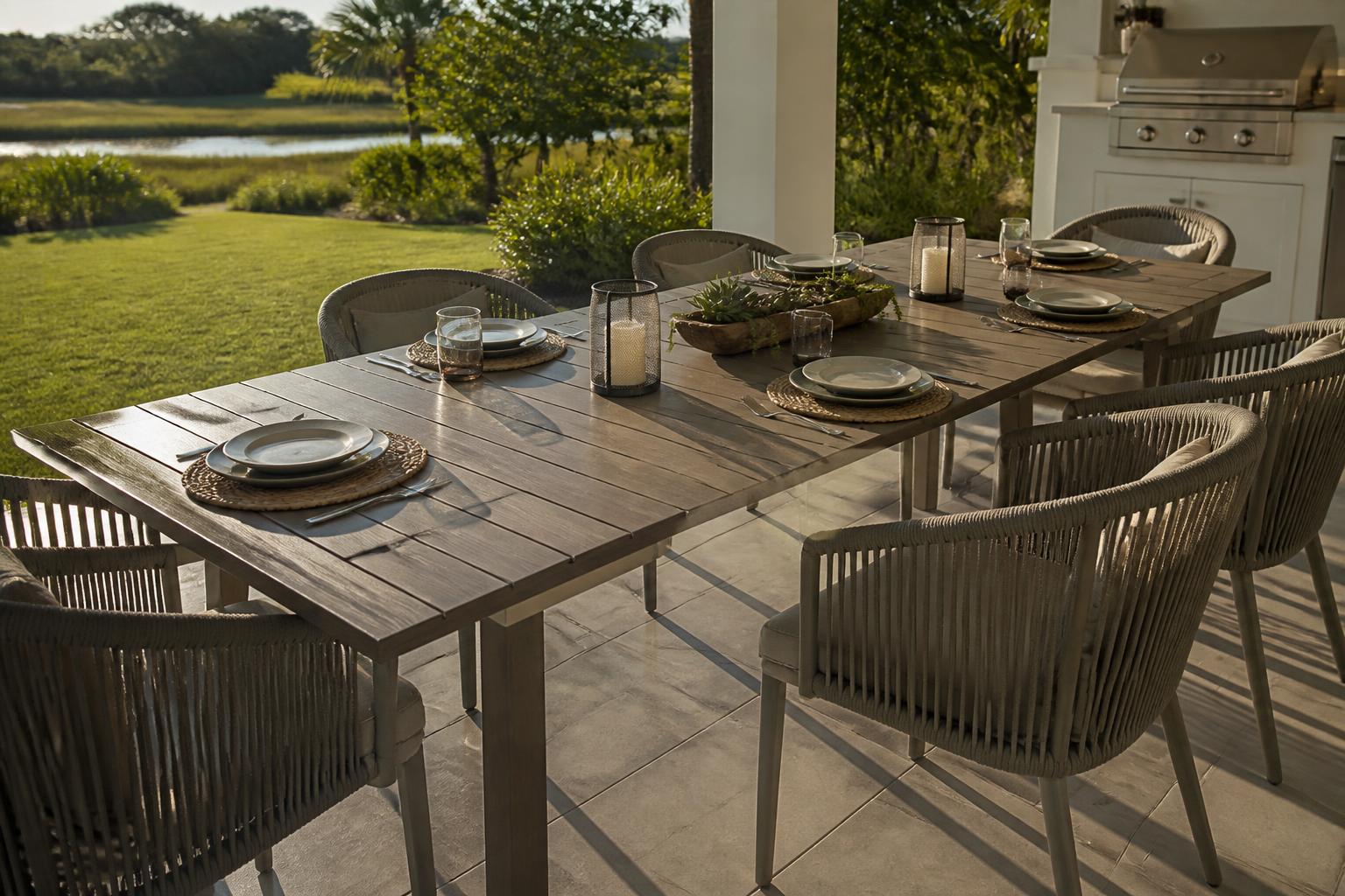 Extendable outdoor dining table set for six on a covered patio