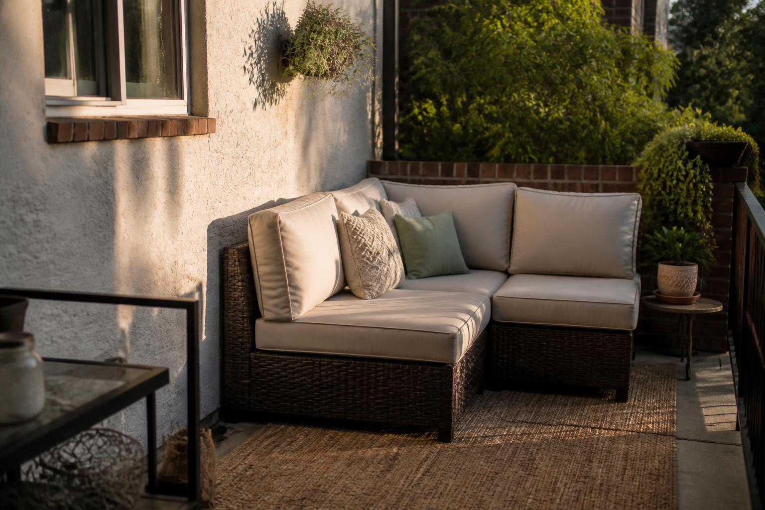 A compact two-piece outdoor sectional corner on a narrow patio