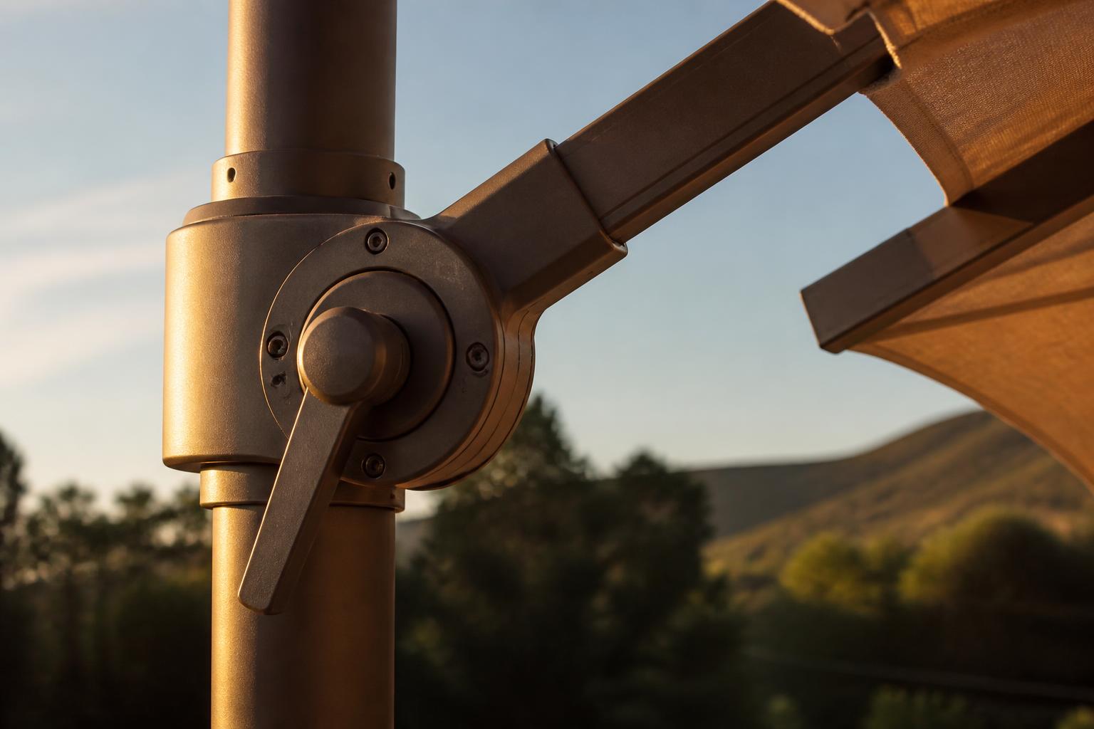 Close-up of a cantilever umbrella's rotating hub and support arm