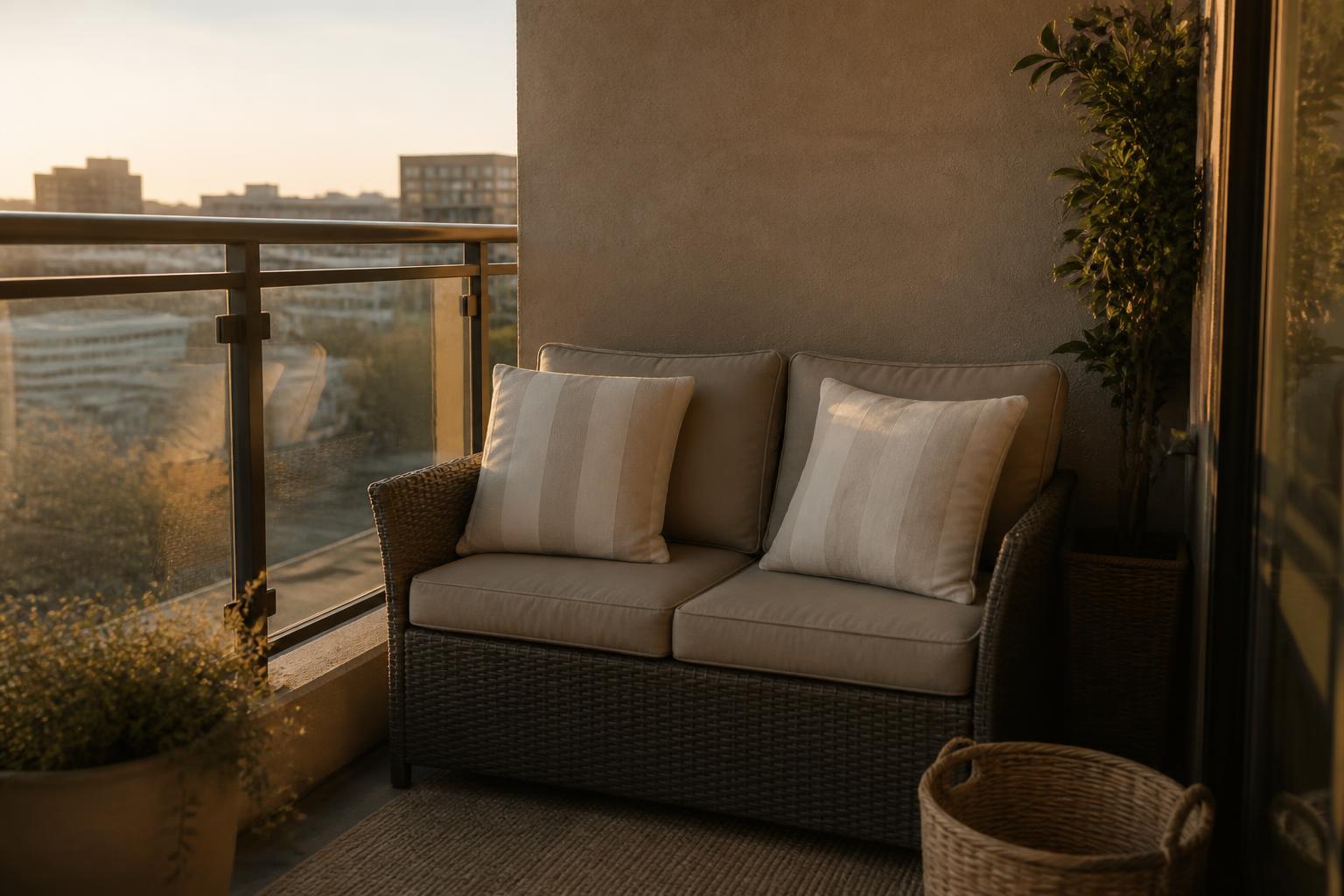 A compact outdoor loveseat on a small condo balcony