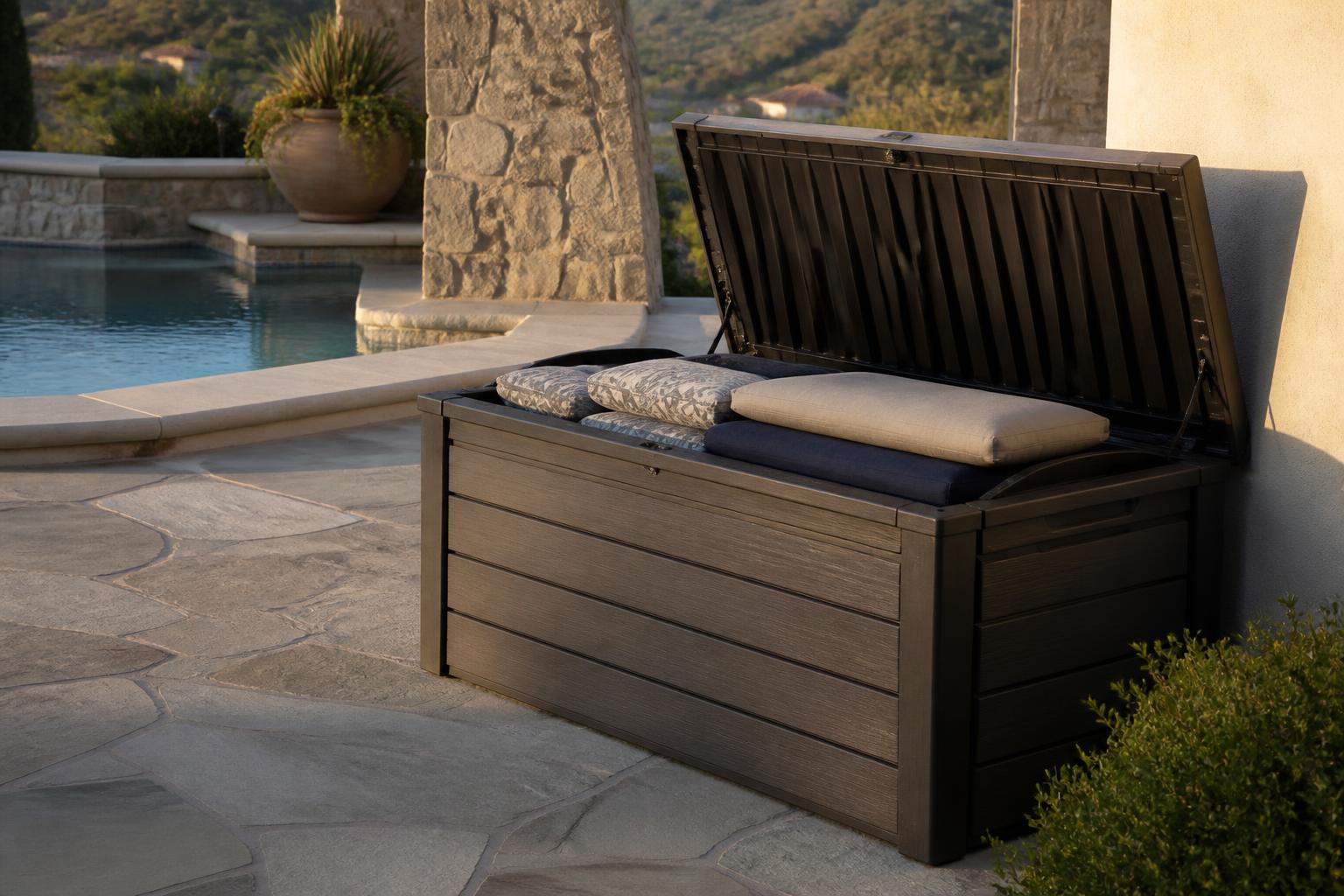Open resin deck storage box with folded outdoor cushions inside