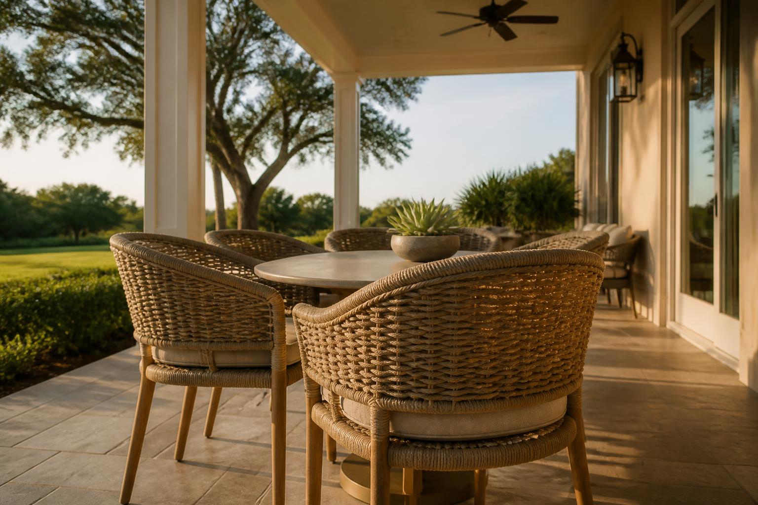 Rope-woven outdoor dining chairs around a table on a covered lanai