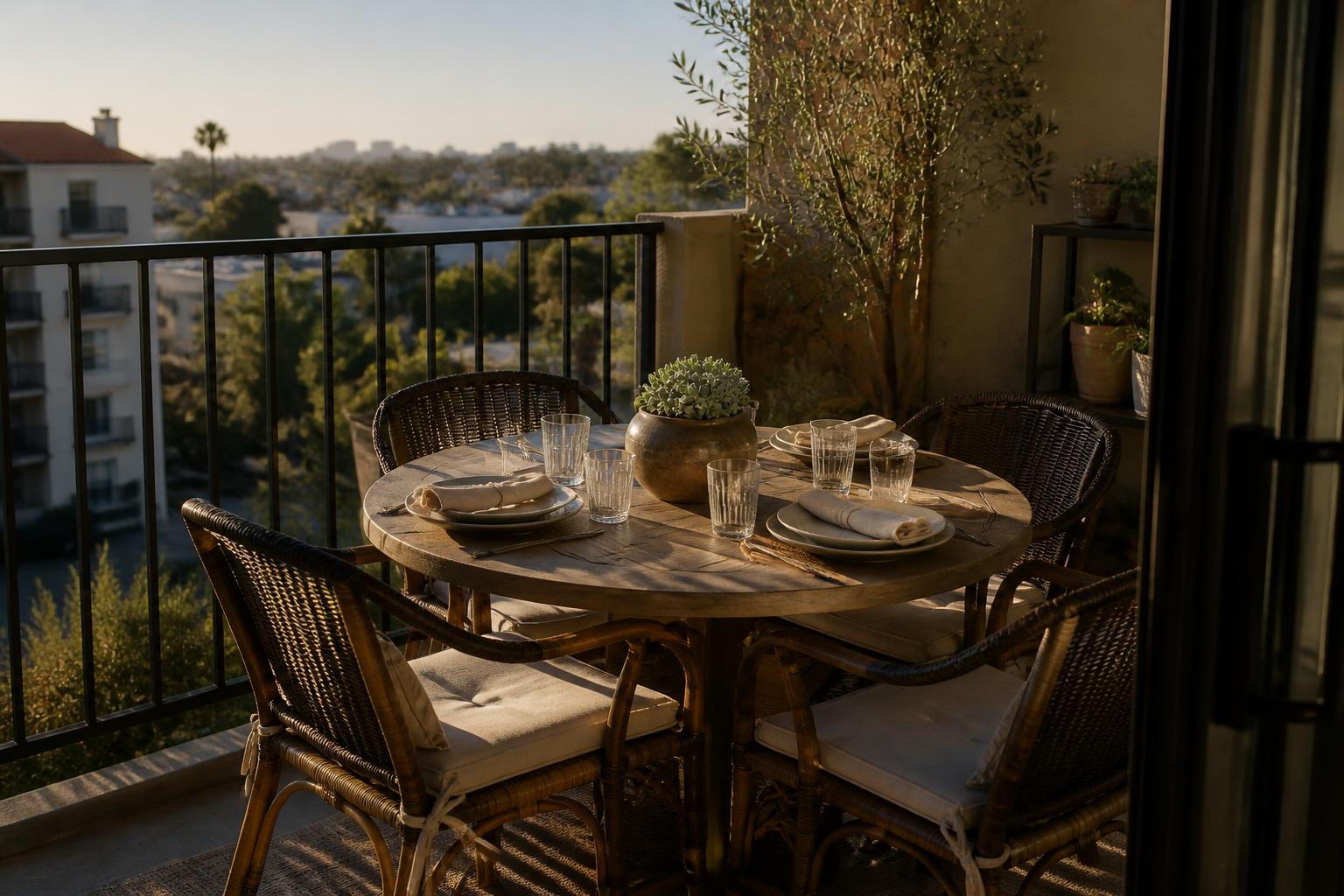 Compact fixed-length round outdoor table set for four on a balcony