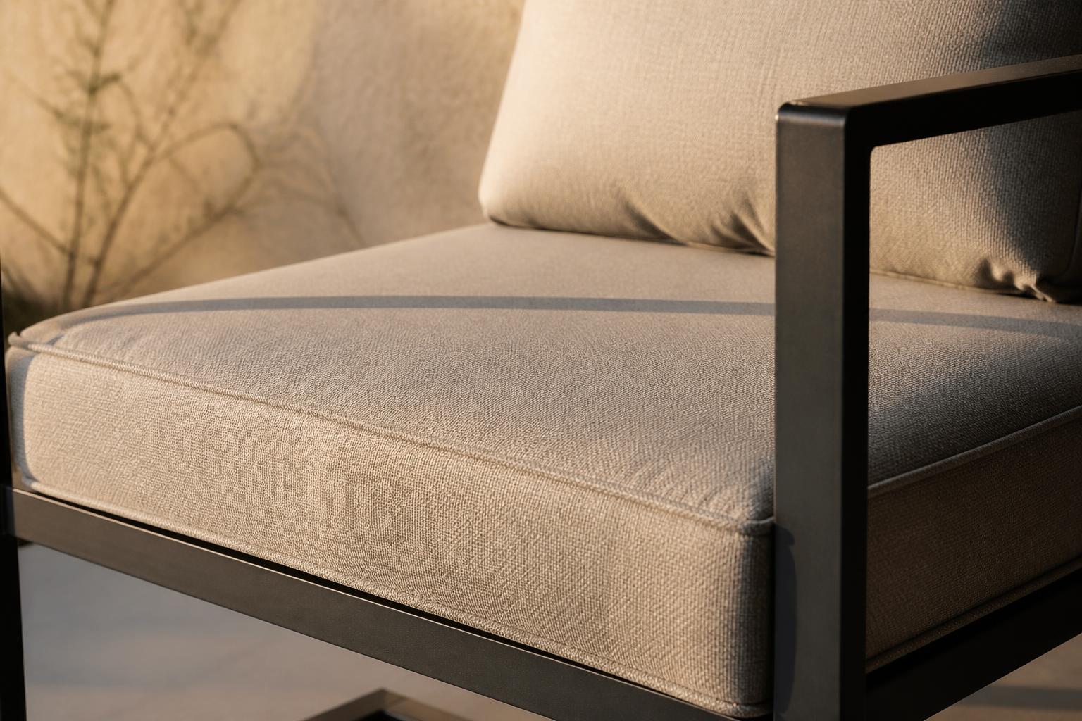Close-up of an outdoor conversation set chair's deep cushion