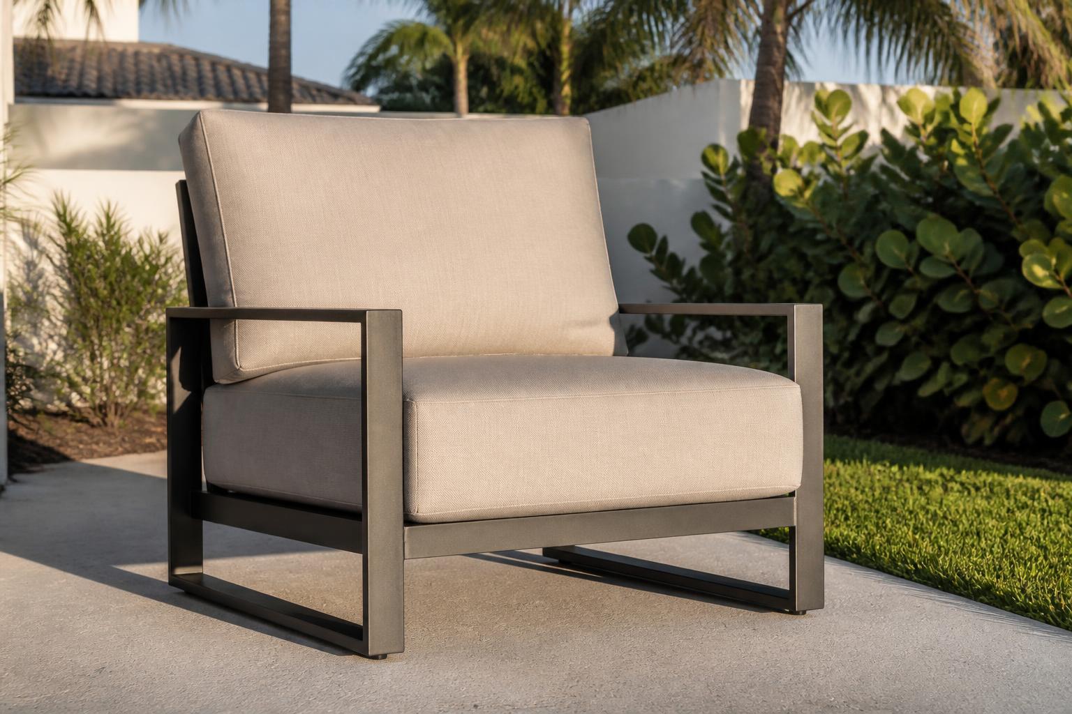 Close-up of an outdoor club chair's upright back and deep seat
