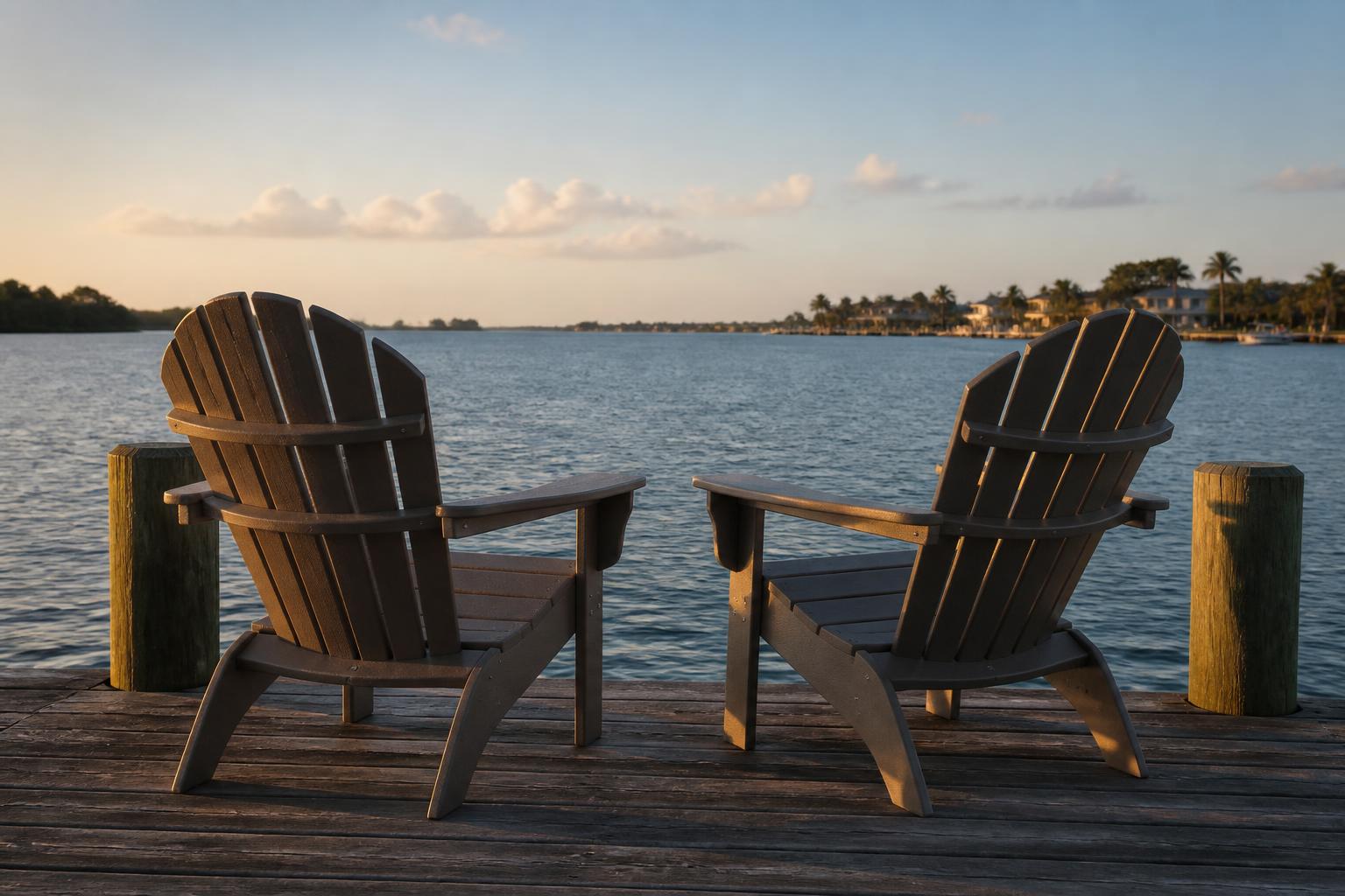 Poly lumber Adirondack chairs facing the water from a Florida dock