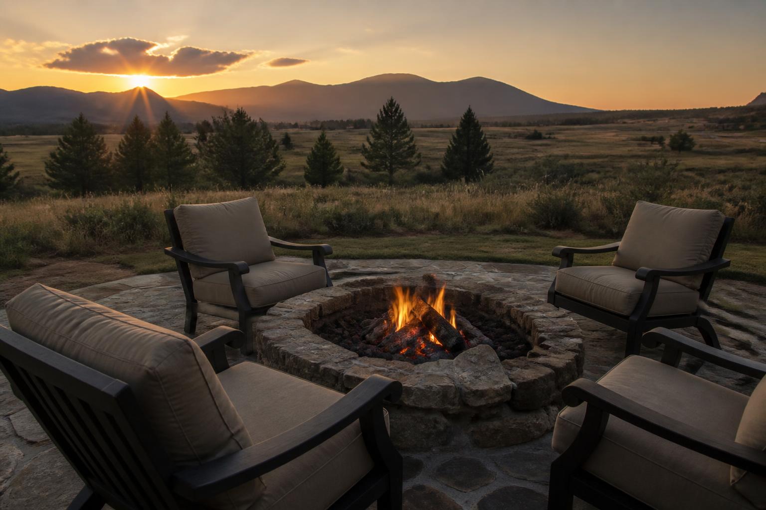 Stone wood-burning fire pit surrounded by outdoor chairs at dusk