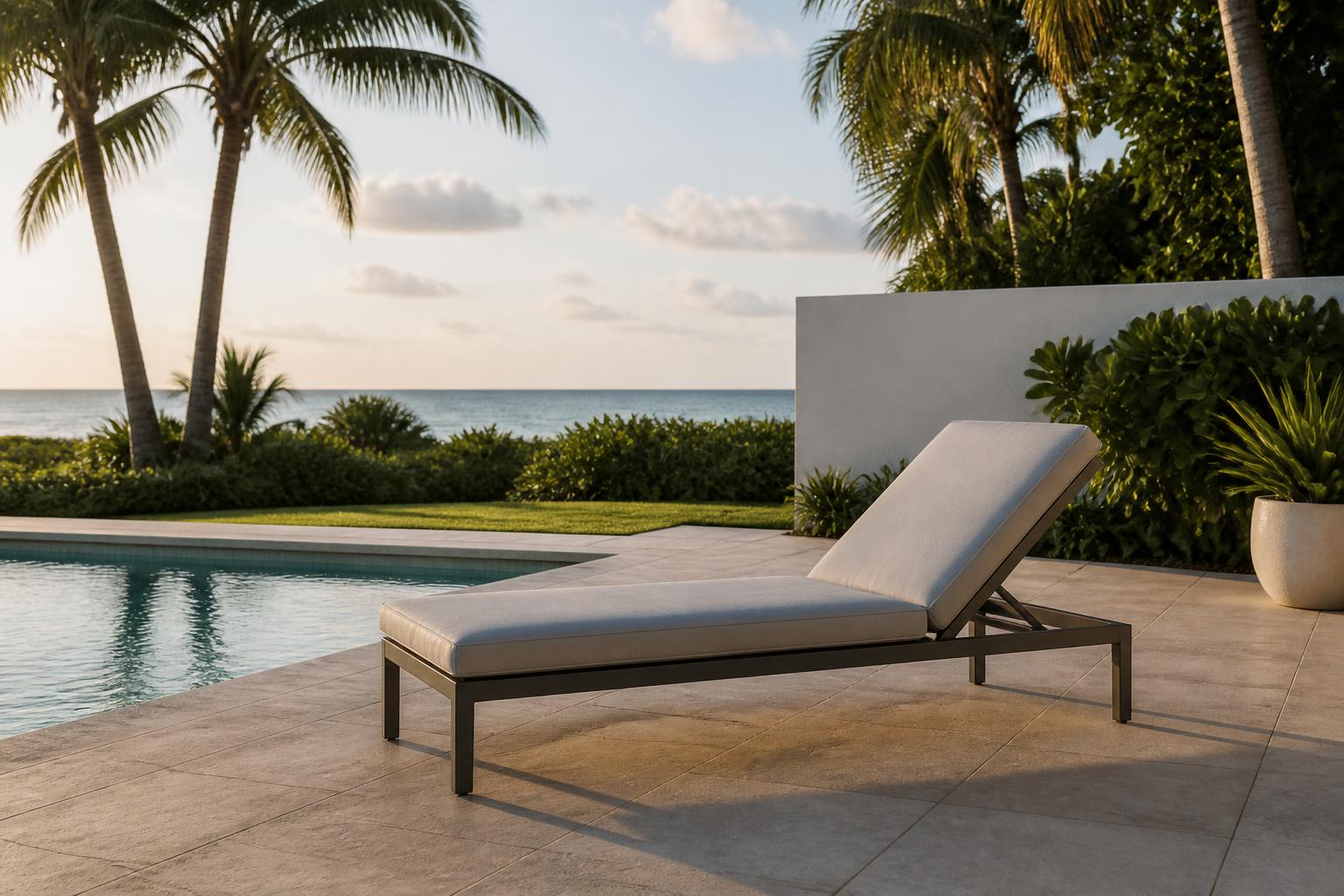 A reclined outdoor lounge chair positioned on an open pool deck
