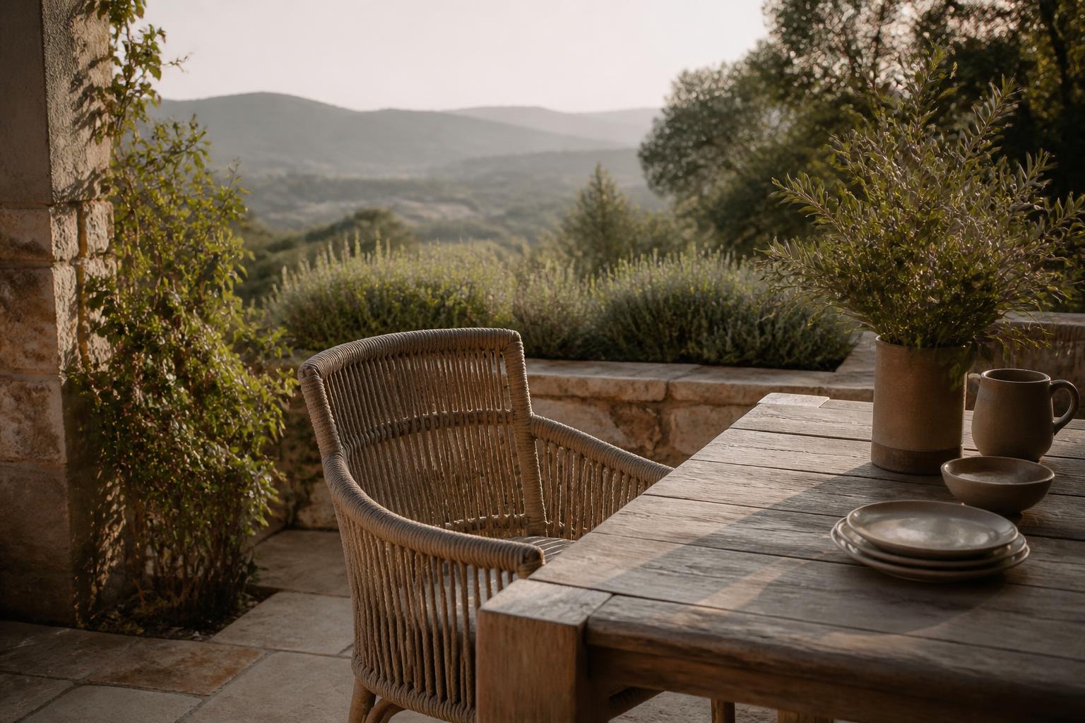 A rope-woven armchair positioned at the head of an outdoor dining table