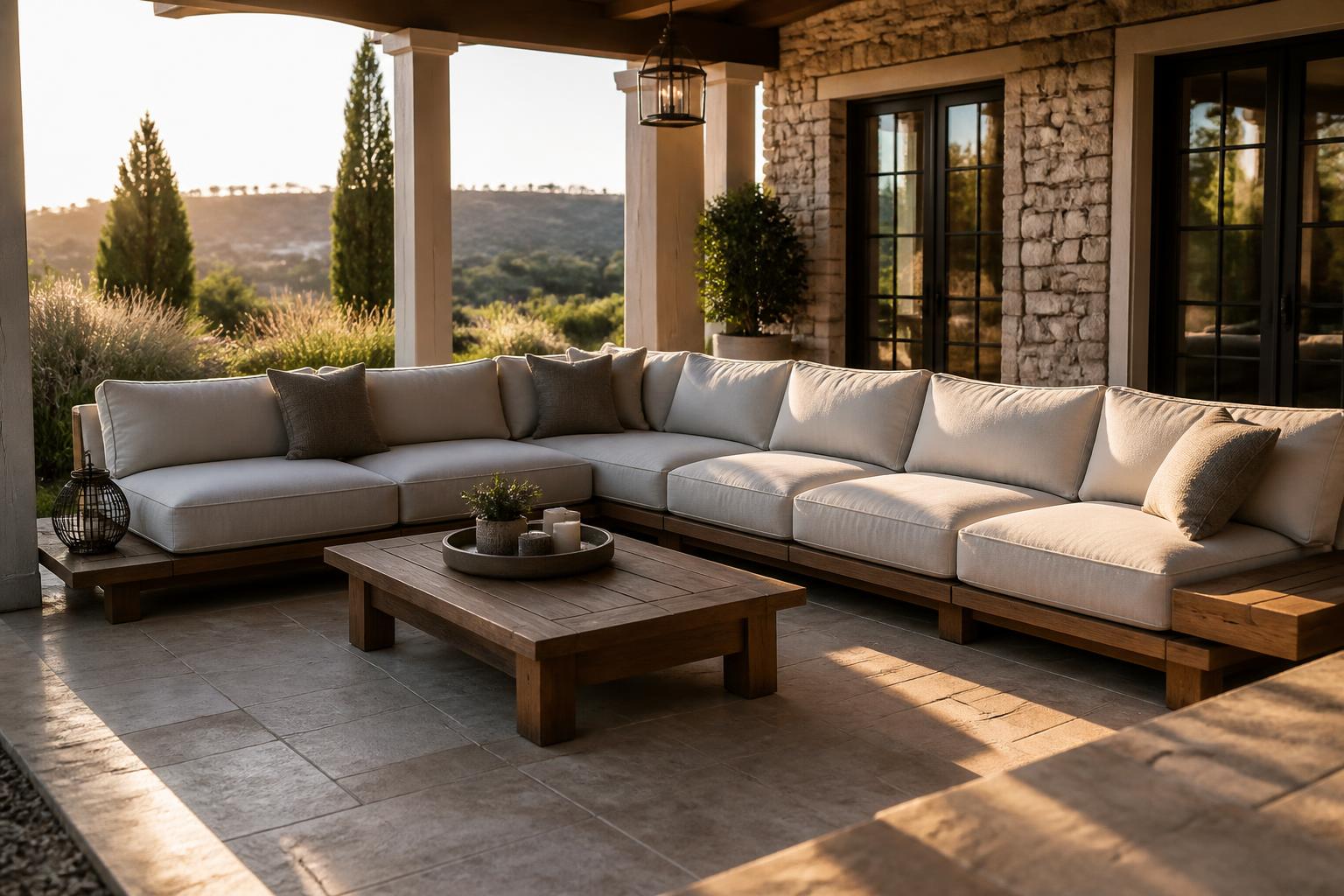 A deep seating sectional with a matching low coffee table centered in front