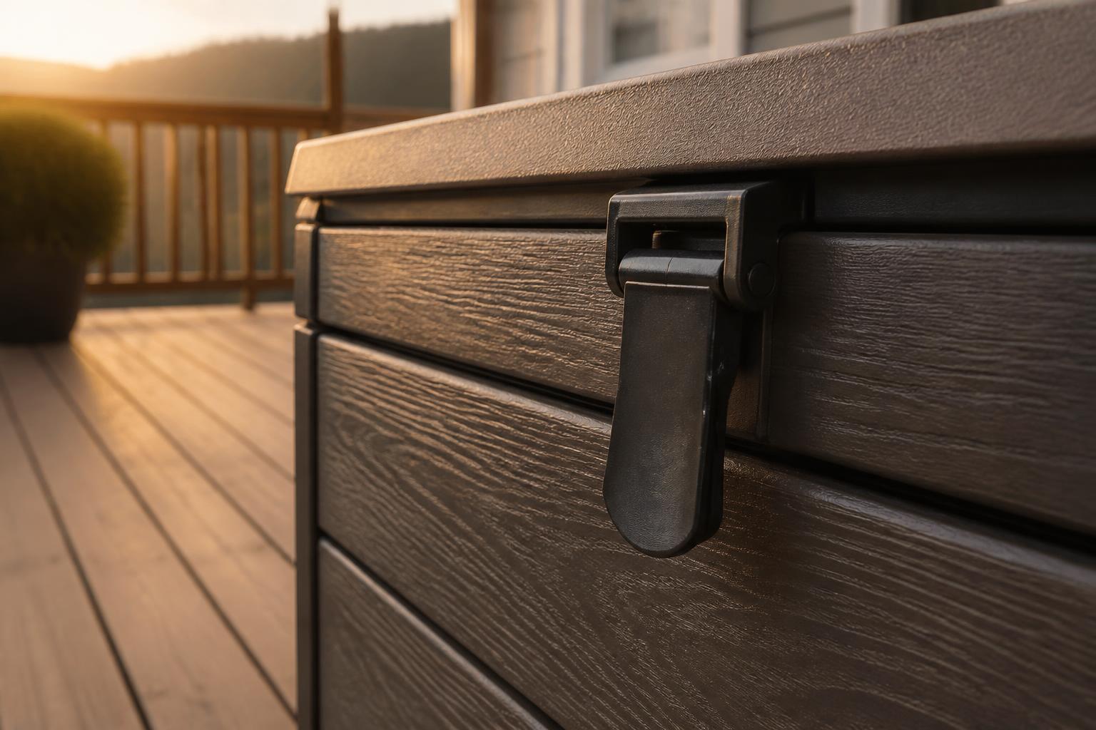 Close-up of a deck box's weatherproof latch and hinge