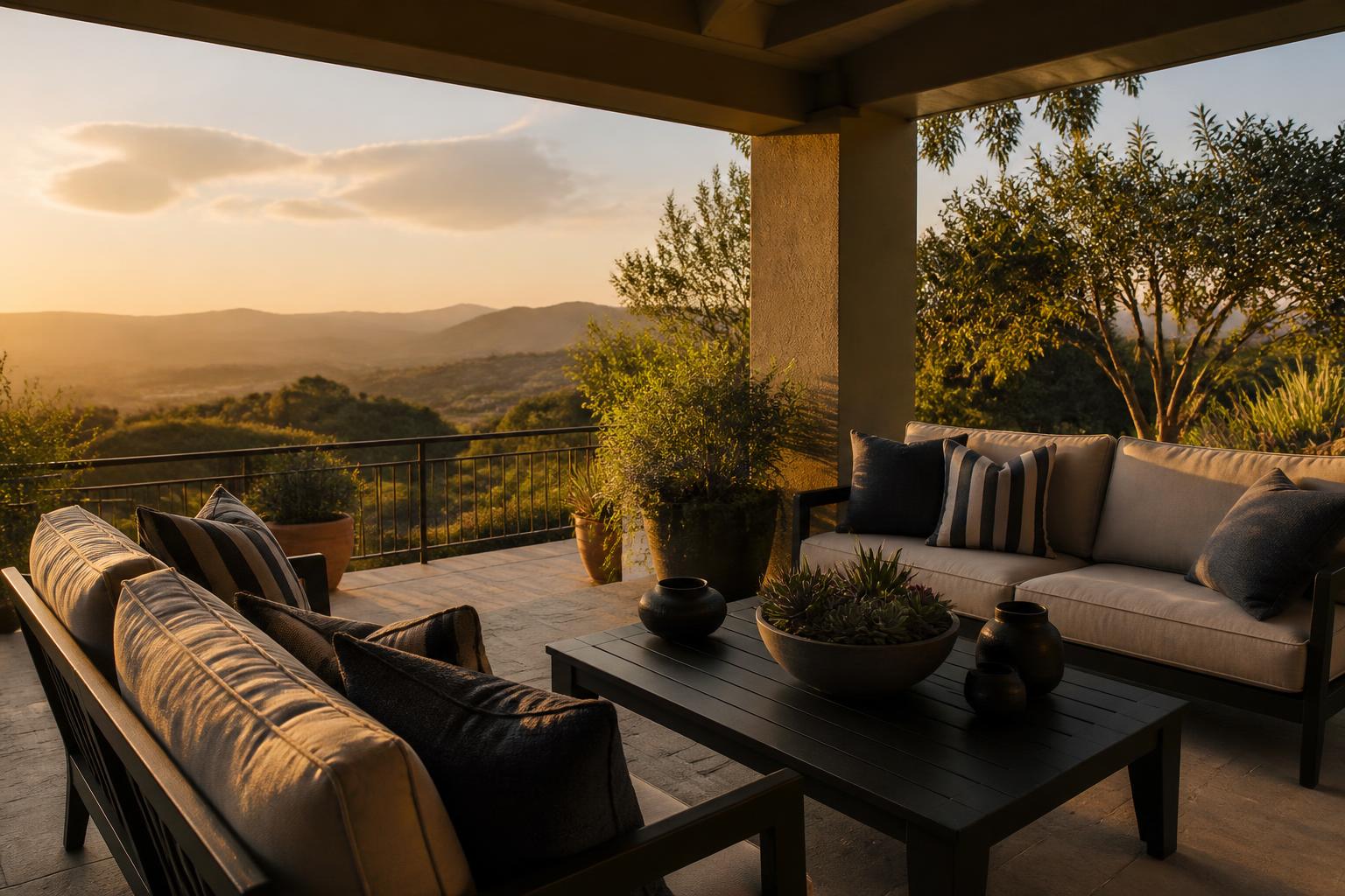 An outdoor conversation set arranged in an L-shape on a covered lanai