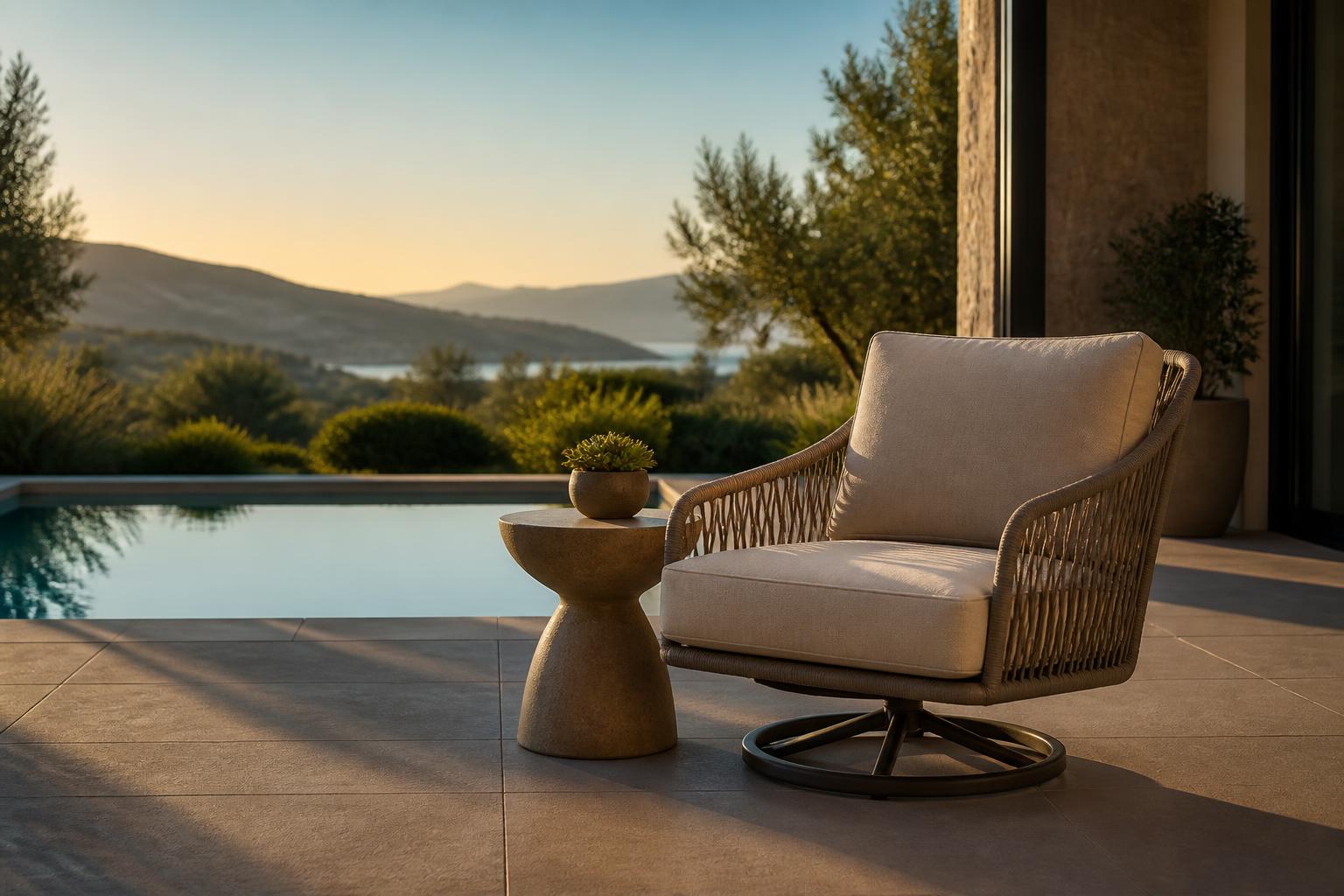 A swivel outdoor lounge chair with a thick cushion near a pool deck