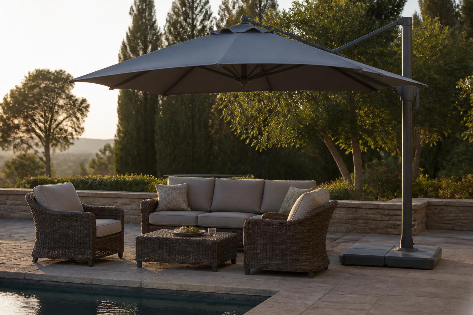 Cantilever offset patio umbrella shading seating beside a pool