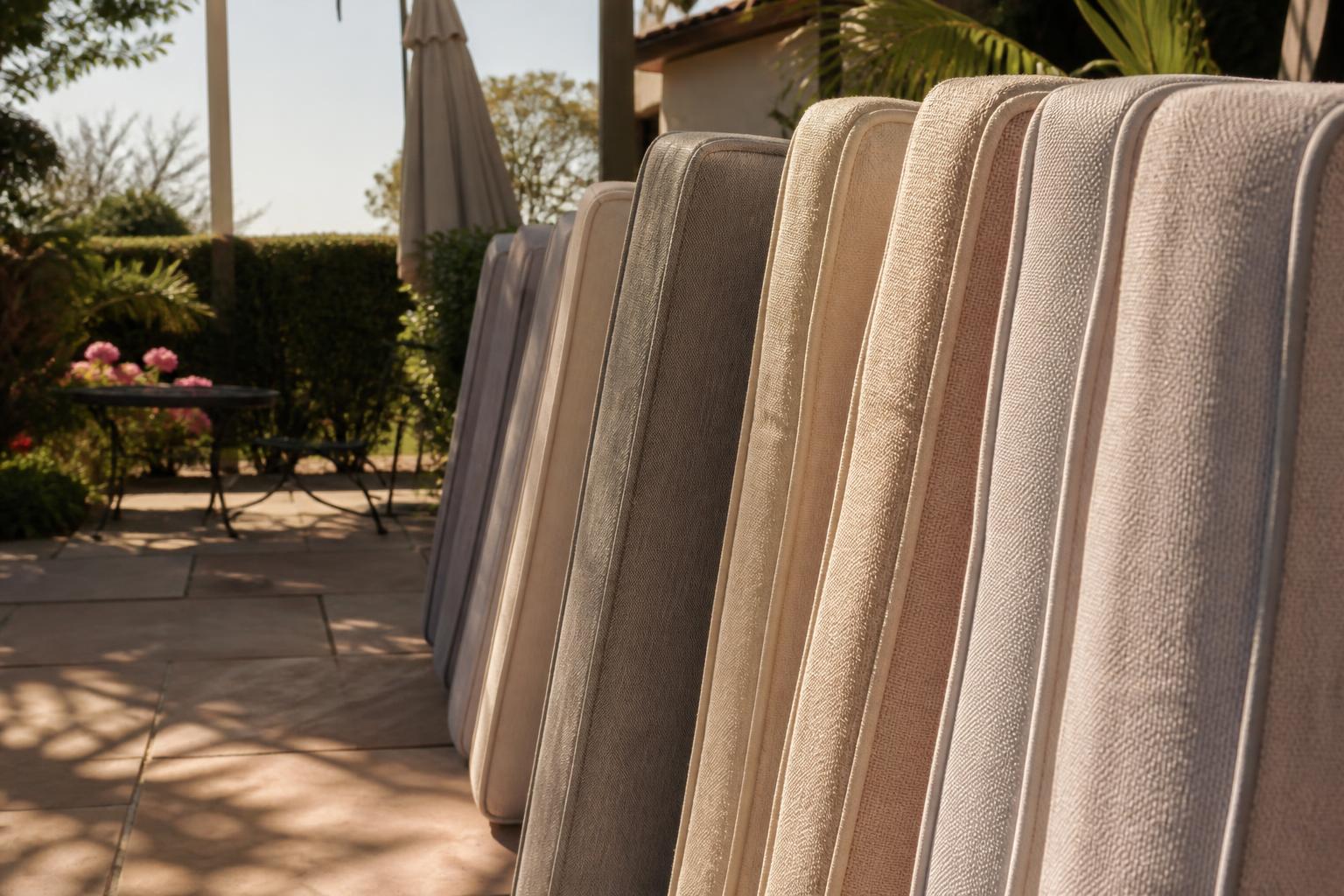 Outdoor cushions standing on edge to air dry on a patio