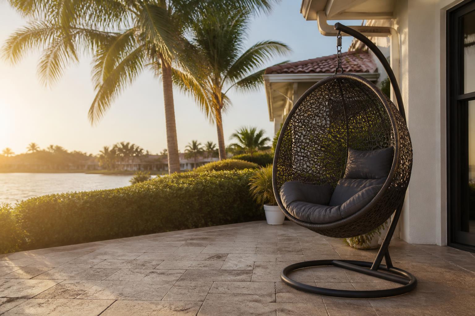 A woven hanging egg chair on a stand on a Florida patio