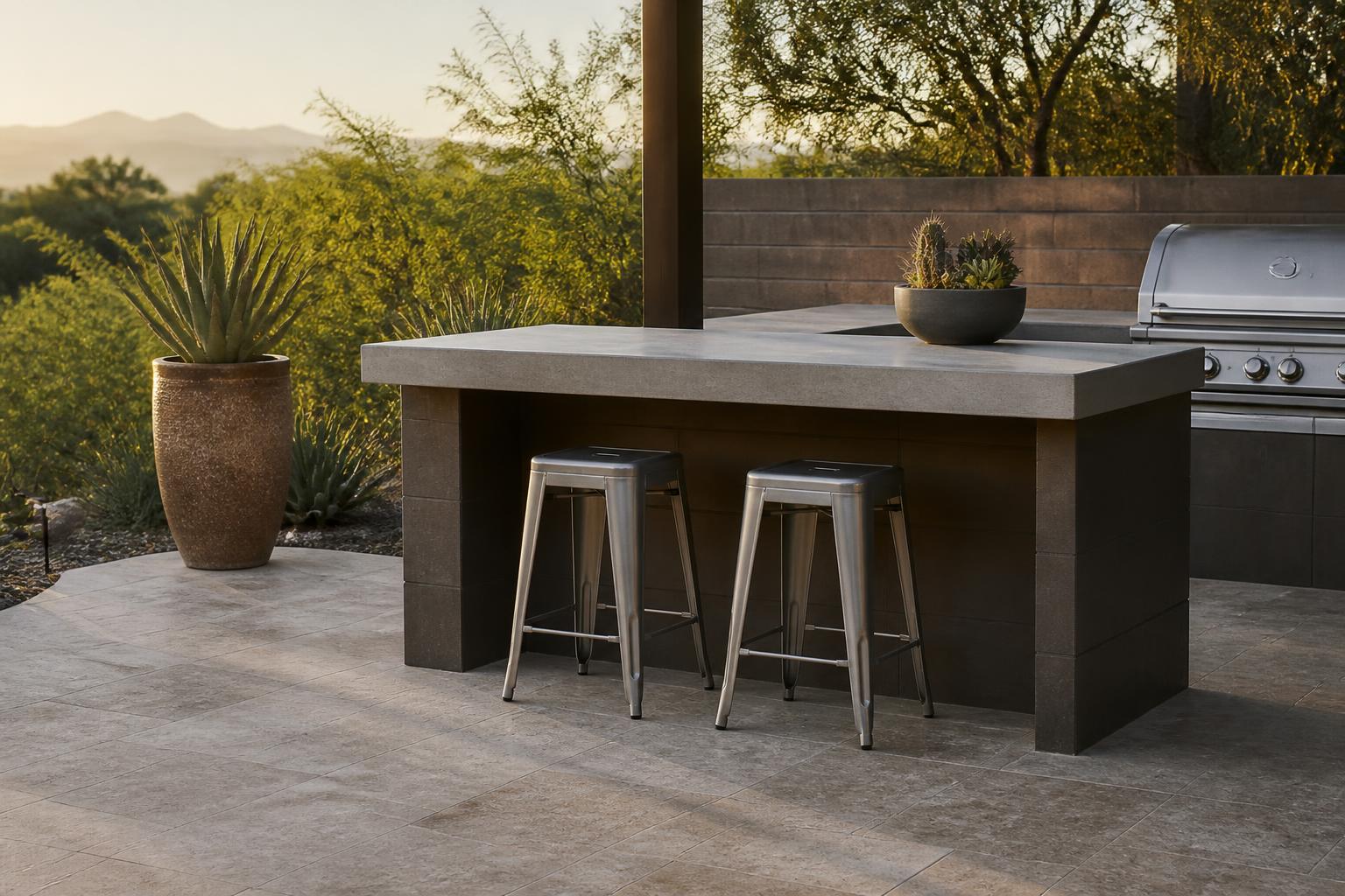 Counter-height outdoor stools tucked under a lower outdoor kitchen island