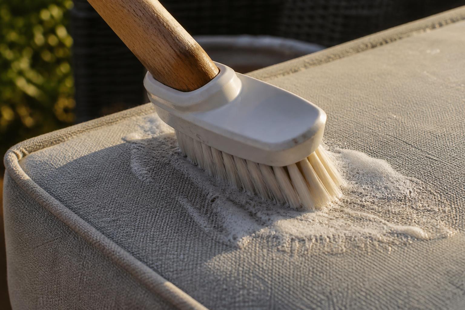 Soft-bristle brush cleaning an outdoor cushion with mild soap