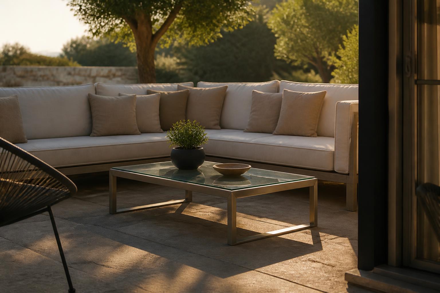 A glass-top outdoor coffee table in front of a deep seating sofa
