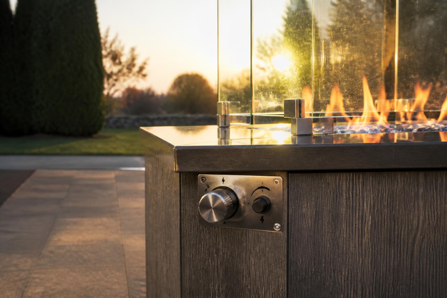 Close-up of a propane fire pit table's control knob and glass wind guard