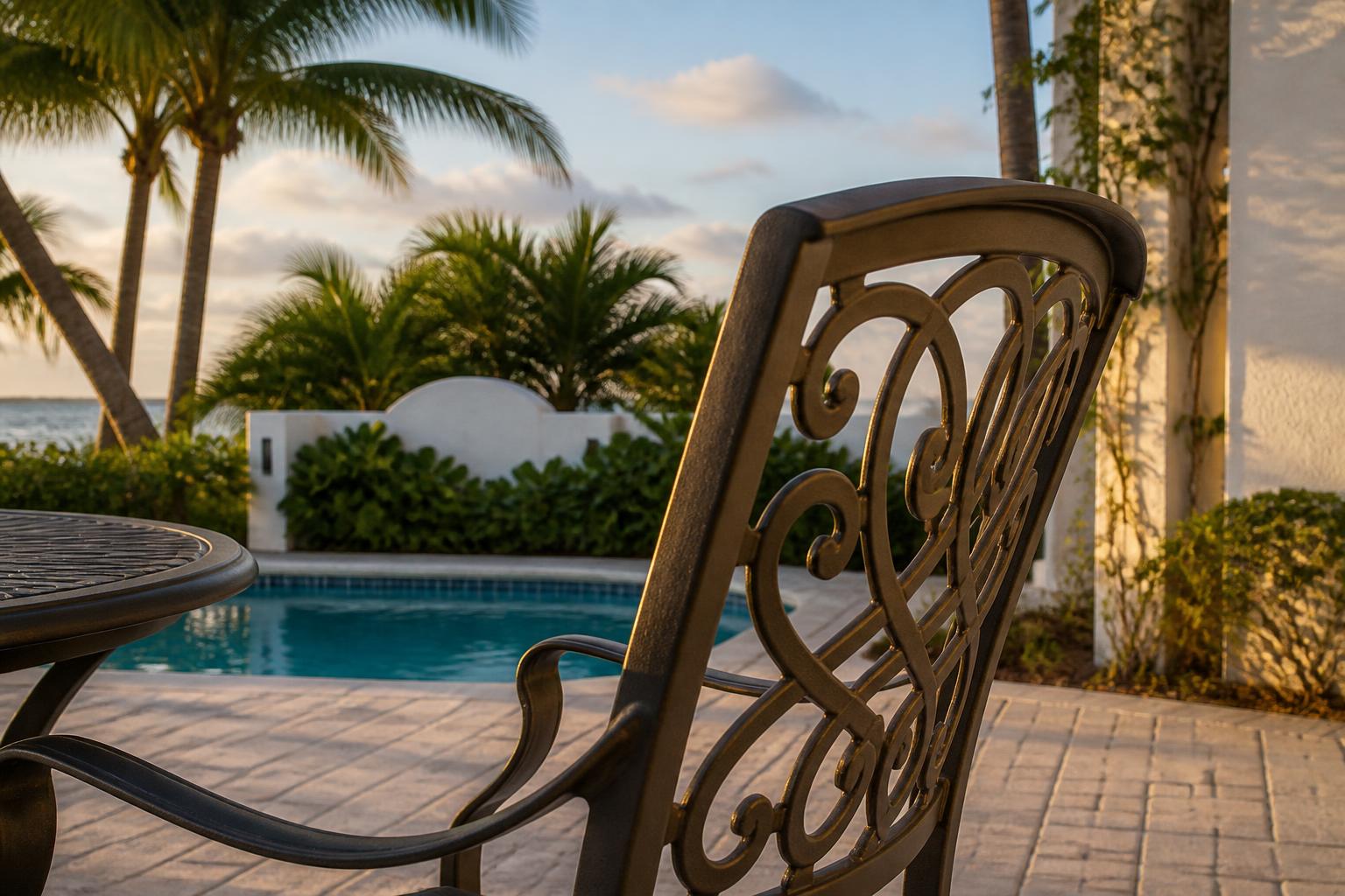 Close-up of a cast aluminum patio chair's decorative scrollwork back