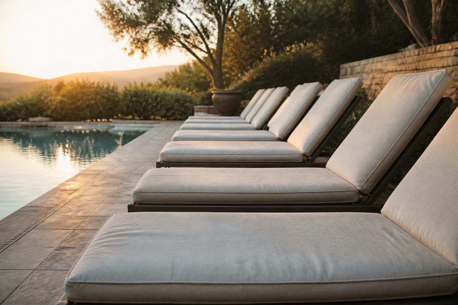 A row of padded reclining lounge chairs with cushions beside a pool