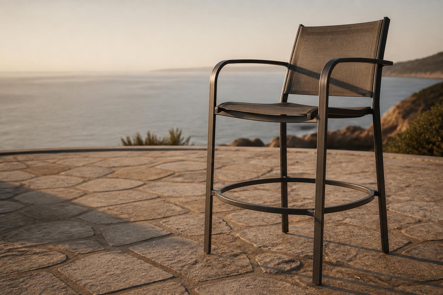 Close-up of an outdoor bar stool's seat height and aluminum footrest ring
