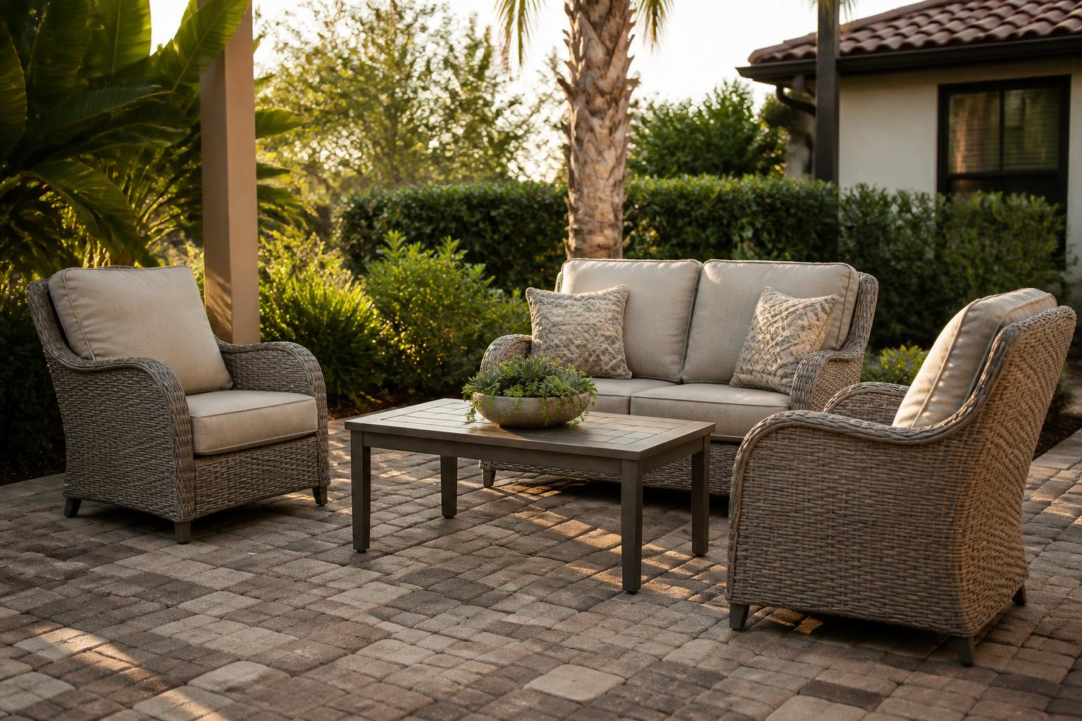 A four-piece outdoor conversation set with chairs, loveseat, and coffee table