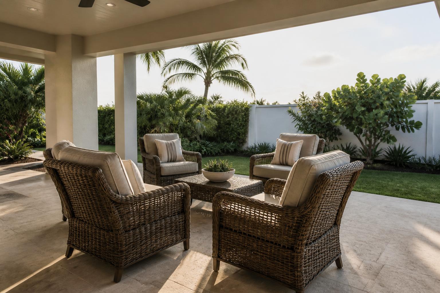 Outdoor club chairs arranged for conversation on a covered Jupiter, FL lanai