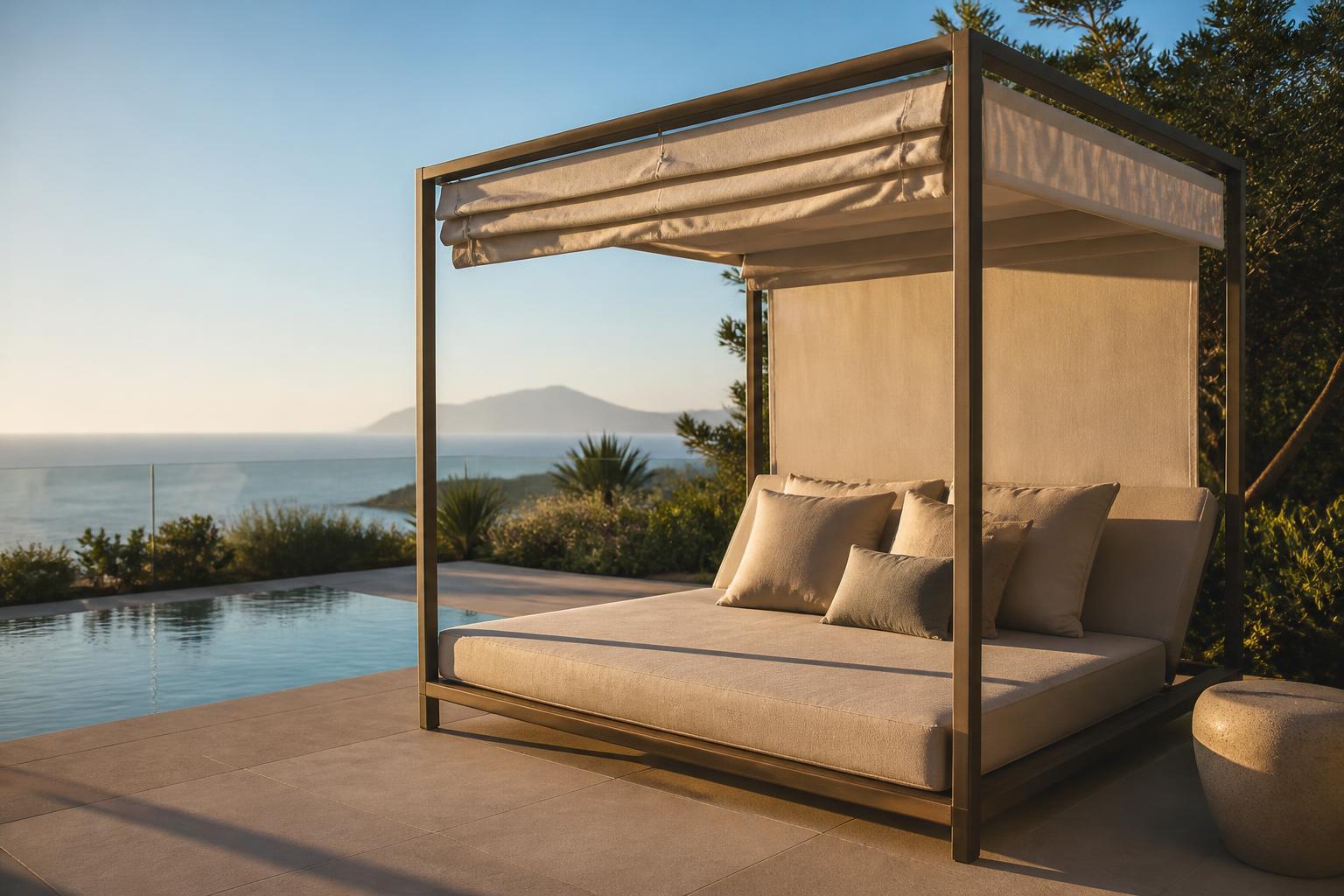 A cabana bed with a retractable fabric canopy on an open pool deck