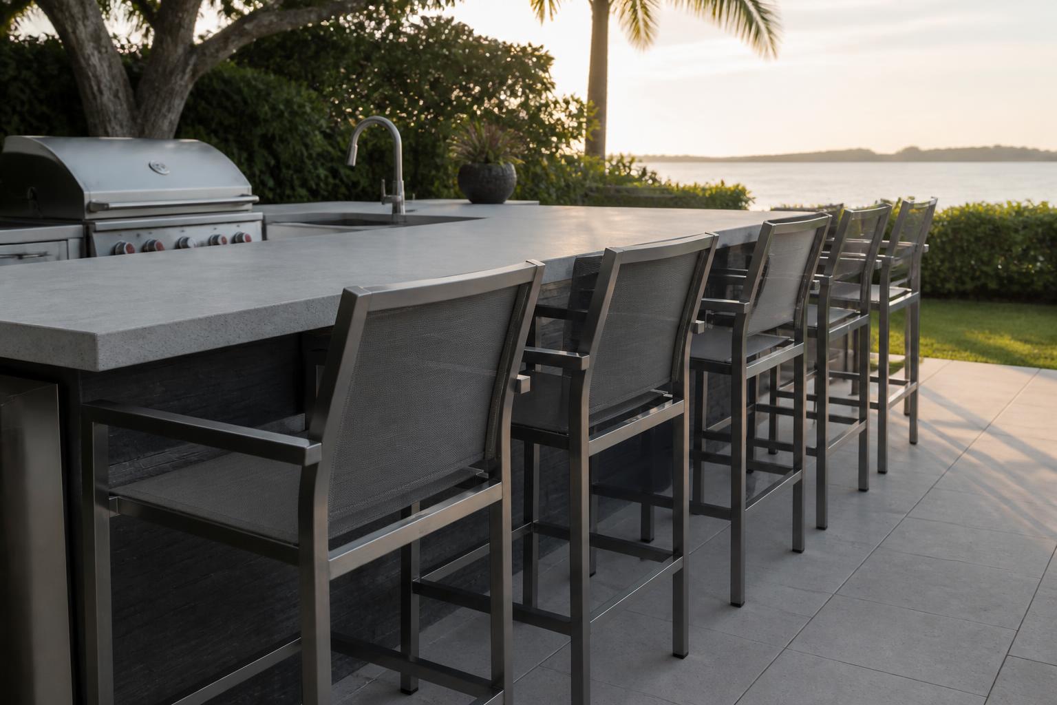Outdoor bar stools at bar height along a Jupiter, FL outdoor kitchen counter