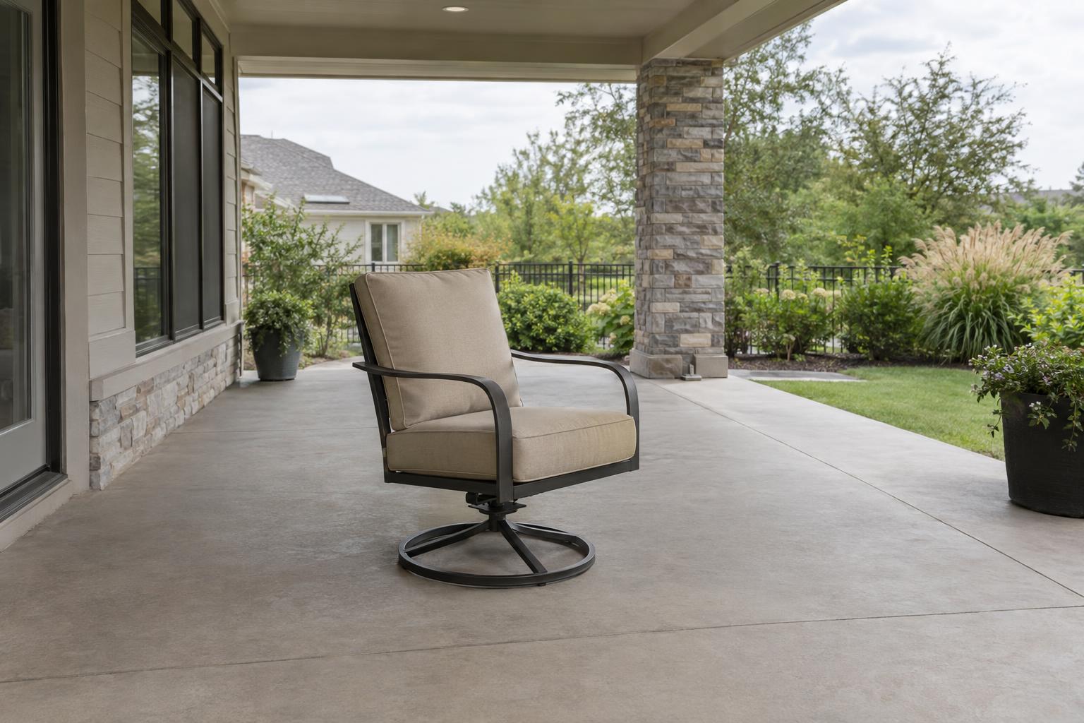 Outdoor swivel rocker chair with open space around its circular base