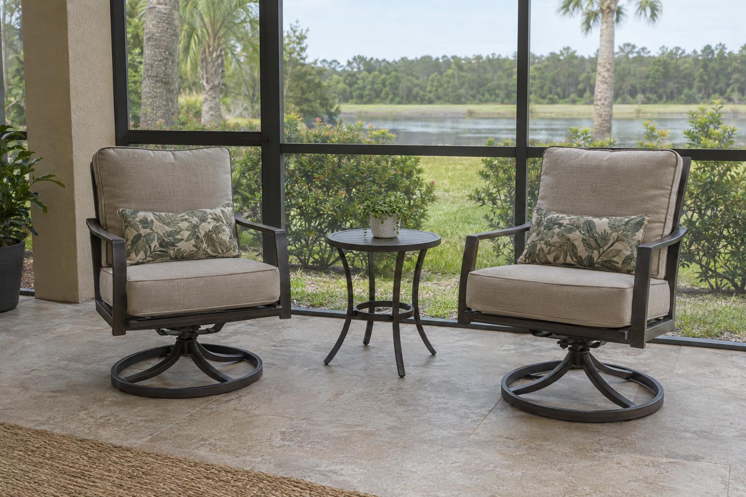Two outdoor swivel rocker chairs spaced beside a small table on a screened patio